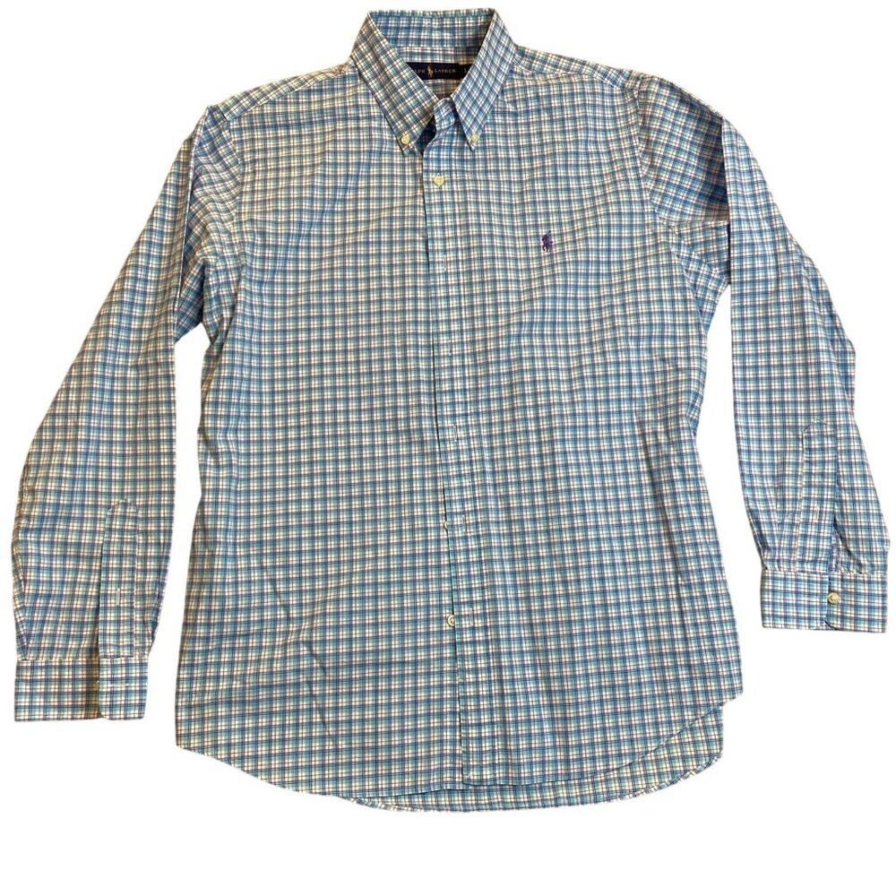 Polo Ralph Lauren Mens Shirt Large Blue Green Plaid Long-Sleeve Button-Down 100%
